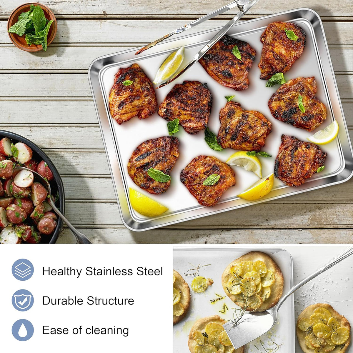 E-far Stainless Steel Baking Sheets Set of 3, 12.4” x9.7” Baking Cookie Sheets Pans for Oven, Non-toxic Metal Trays for Cake Cookies, Healthy & Rust Free, Mirror Finish & Dishwasher Safe