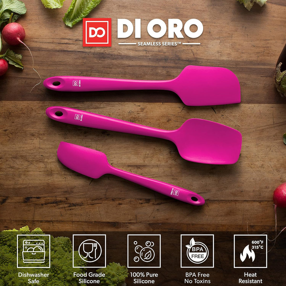 DI ORO Silicone Spatula Set - Rubber Kitchen Spatulas for Baking, Cooking, & Mixing - 600°F Heat-Resistant & BPA Free Silicone Scraper Spatulas for Nonstick Cookware - Dishwasher Safe (3pc, Magenta)