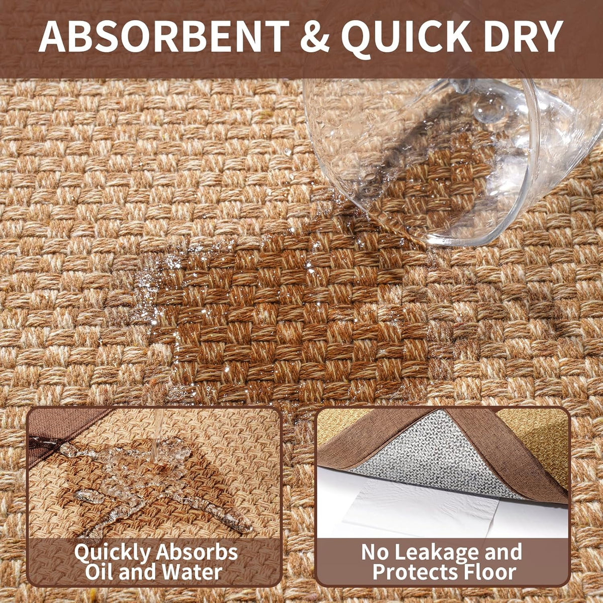 Kitchen Mats for Floor, Rubber Backing Kitchen Rugs Non Slip Washable, Super Absorbent Jute-Like Braid Kitchen Runner Rug Sink Mat Standing Mat, Easy to Clean, Brown 17"x30"