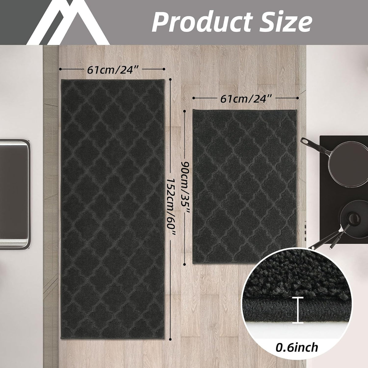 COSY HOMEER Soft Kitchen Rugs [2 PCS] for in Front of Sink Super Absorbent Kitchen Floor Mats and Mats 24x35 Inch/24X60 Non-Skid Kitchen Mat Standing Mat Washable,Polyester,Black
