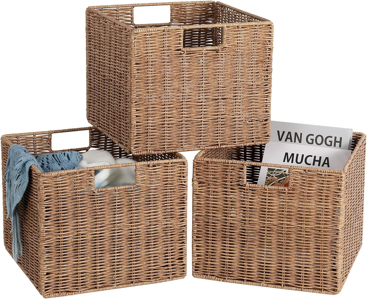 12X12X10in Plastic Wicker Storage Basket, Collapsible Wicker Cube Storage for Shelves, Woven Plastic Storage Basket for Pantry, Bedroom, Living Room, Bathroom, Shelves(Natural)