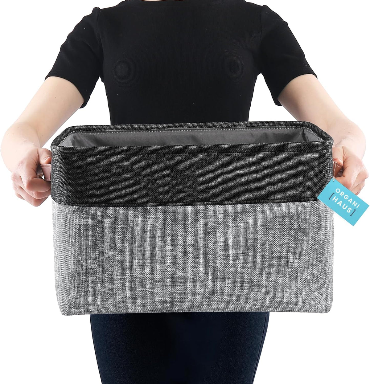 OrganiHaus Extra Large Fabric Storage Bins for Shelves 16x13in, Closet Storage Baskets for Shelf Organizing, Canvas Rectangle Bins for Organization, Linnen Baskets for Organizing - Gray/Black