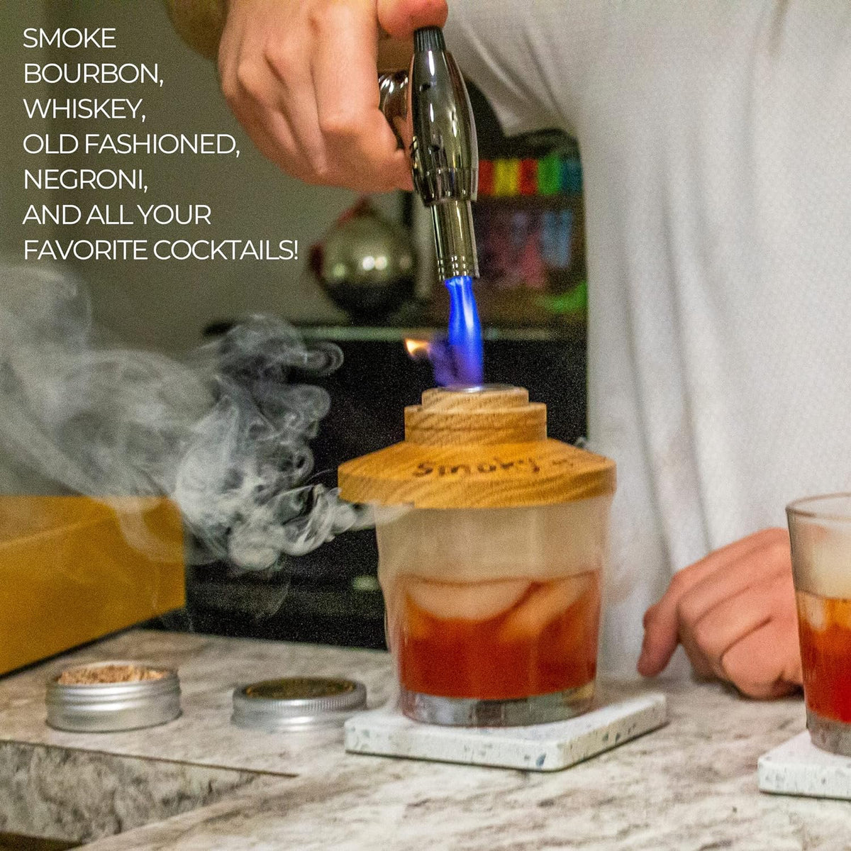 Cocktail Smoker Kit with Bar Stand Smoky Pro with Torch and Selected Wood Chips. All You Need in 1 Set to Smoke Your Whiskey, Bourbon, Scotch, Old Fashioned. A Great Home bar Gift Set!