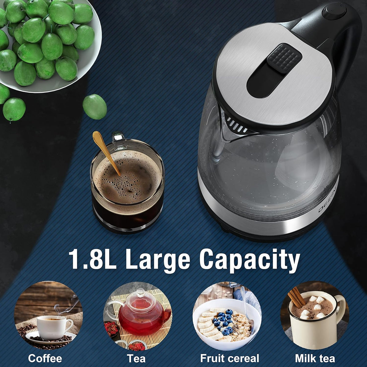 Dezin Electric Kettle, BPA-Free 2L Electric Water Heater, Glass Electric Tea Kettle, 304 Stainless Steel Hot Water Kettle Warmer with Fast Boil, Auto Shut-Off & Boil Dry Protection, for Coffee, Tea