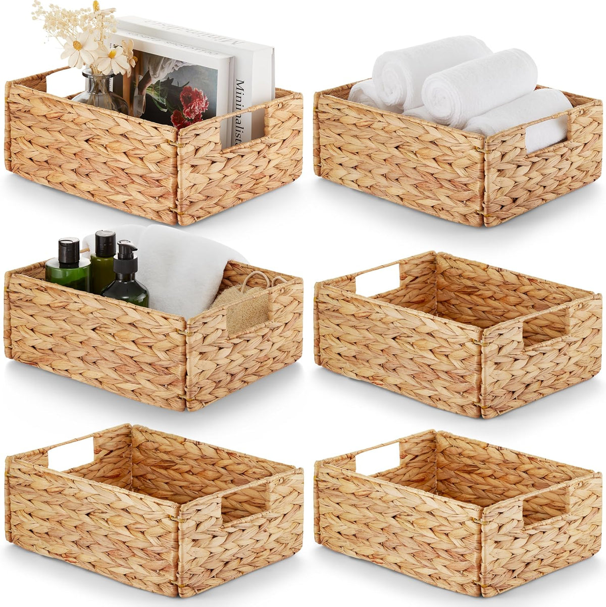 BLUEWEST Water Hyacinth Storage Baskets (Set of 6) – Woven Hyacinth Organizer with Carrying Handles, Laundry Basket for Organizing, Rattan Bin for Shelves