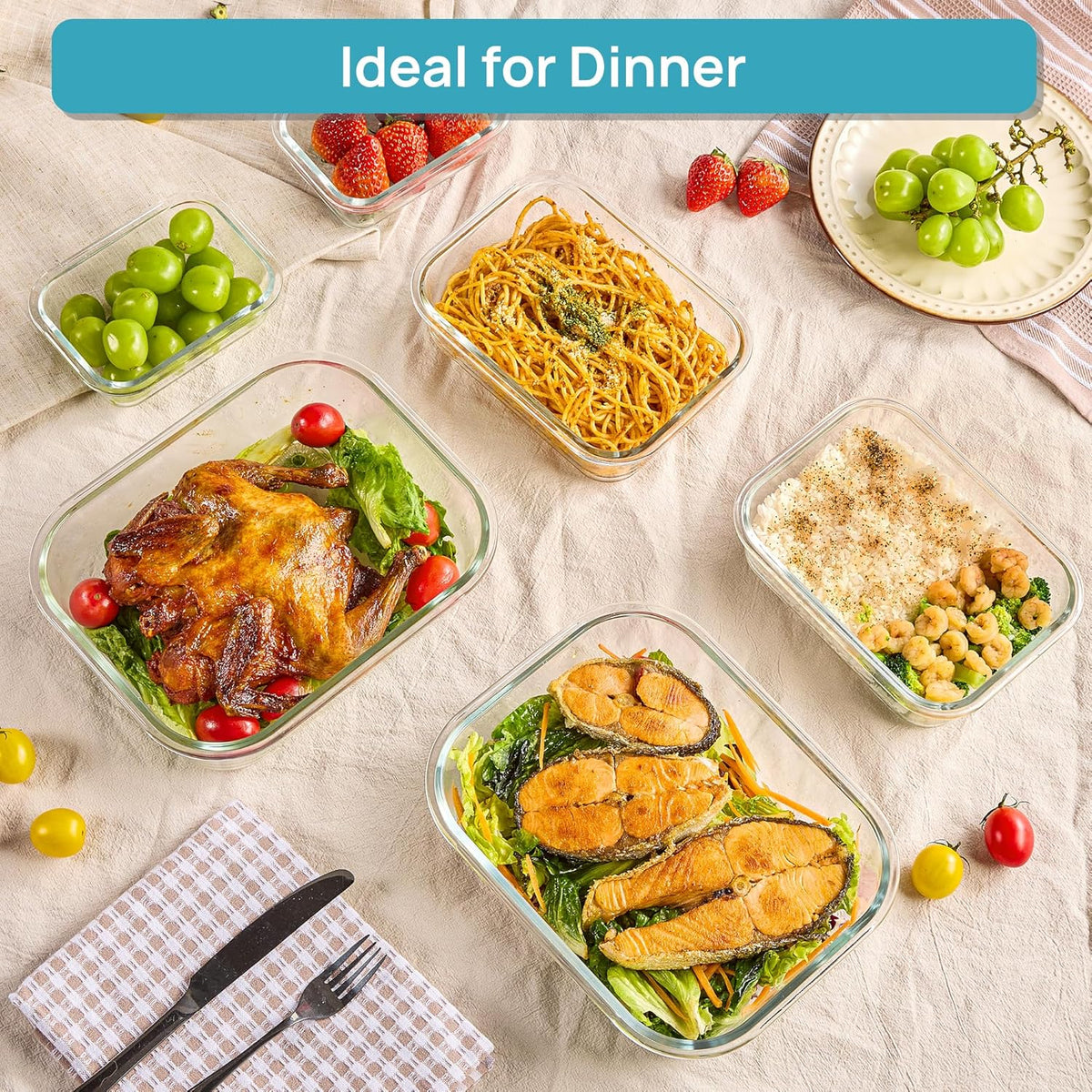 Vtopmart 2.26L/76oz Extra Large Glass Food Storage Containers with Lids, 6 pack Meal Prep Container Set, Airtight Lunch Boxes with Snap Locking Lids for Microwave, Oven, Freezer, Dishwasher
