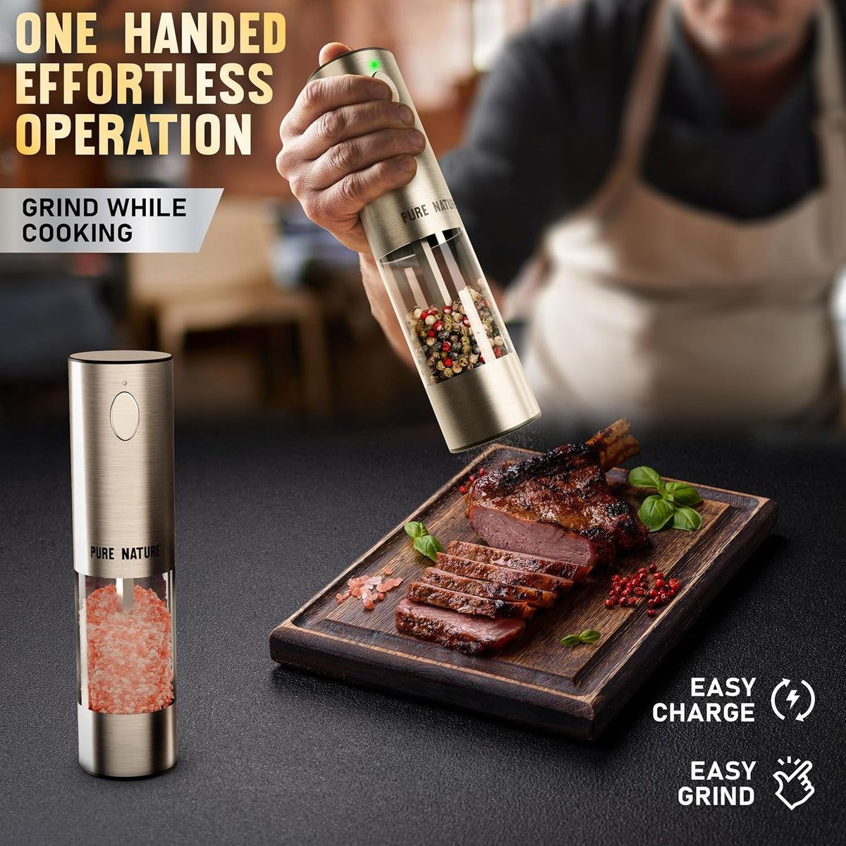 Pure Nature Electric Rechargeable Salt and Pepper Grinder Set with tray: Premium quality with upgraded larger capacity and LED Lights, 5 Adjustable Coarseness, Refillable, Type-C Fast Charging.